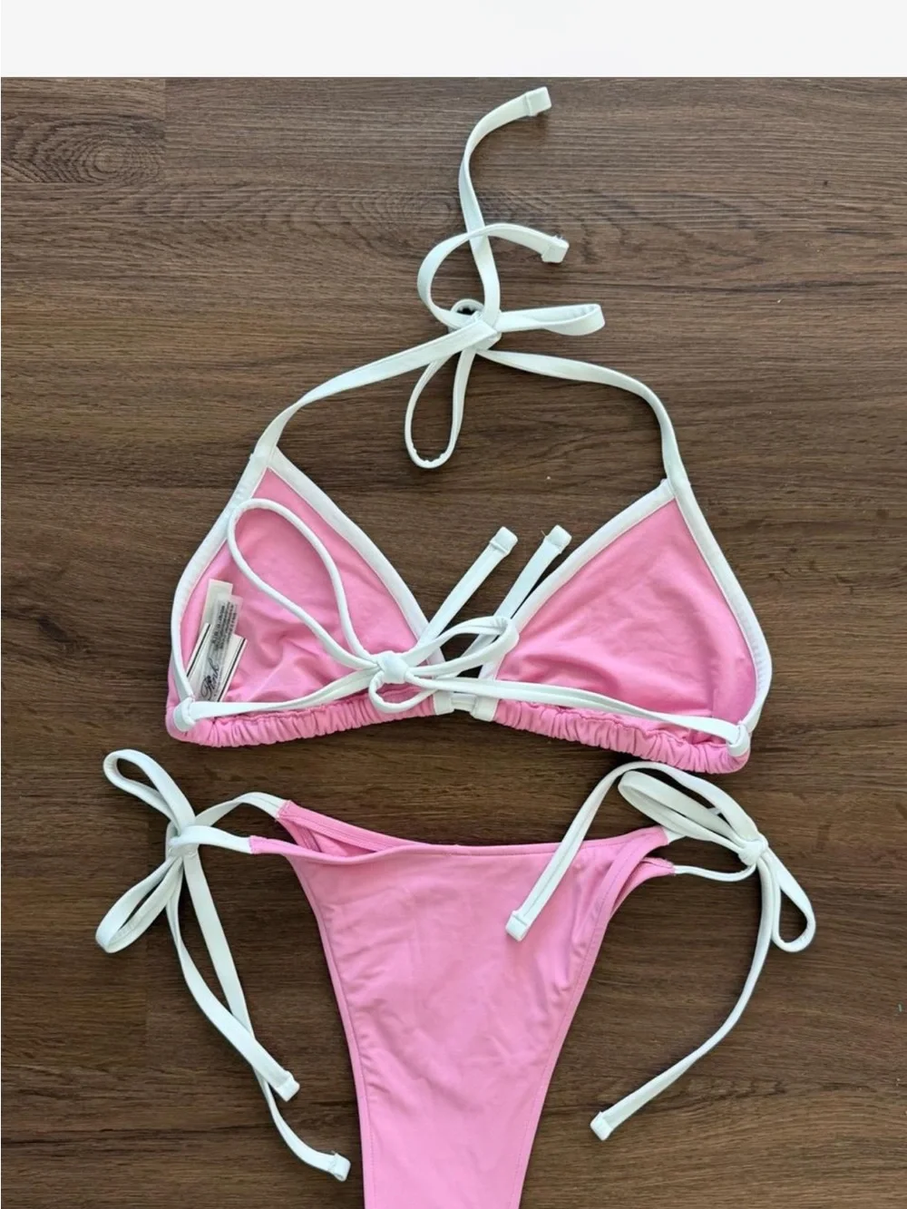 Frankie's Bikinis Pink Triangle Bikini with White Trim NWT XL